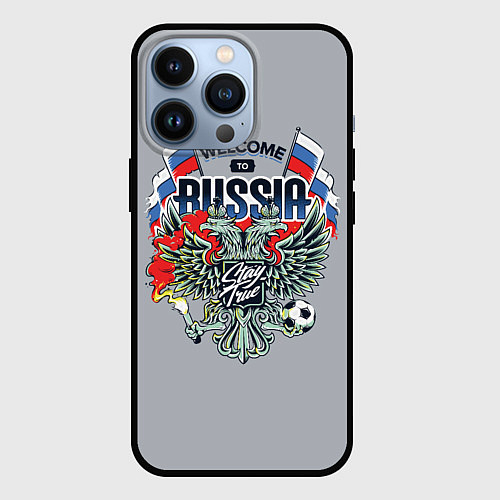 Чехол iPhone 13 Pro Welcome to Russia - футбол / 3D-Черный – фото 1