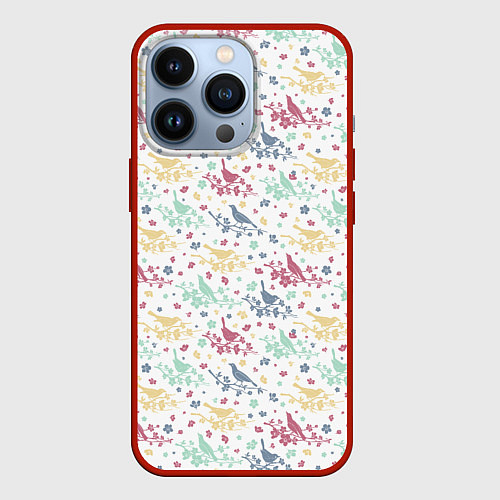 Чехол iPhone 13 Pro Весенний паттерн с птицами / 3D-Красный – фото 1