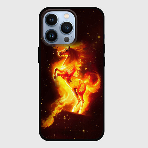 Чехол iPhone 13 Pro Пылающий фантастический конь / 3D-Черный – фото 1