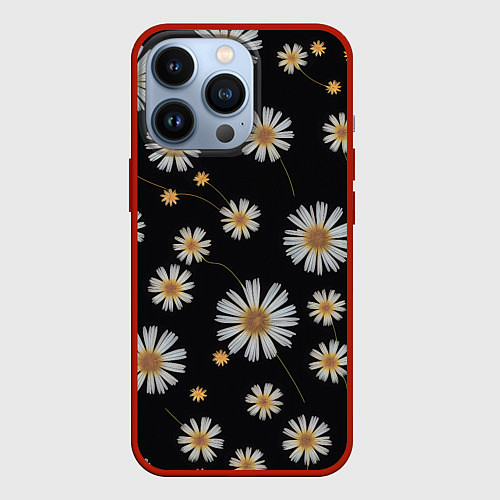 Чехол iPhone 13 Pro Белые ромашки на черном фоне / 3D-Красный – фото 1