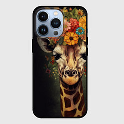 Чехол для iPhone 13 Pro Портрет жирафа с цветами: арт нейросети, цвет: 3D-черный