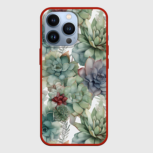 Чехол iPhone 13 Pro Акварельные суккуленты - паттерн / 3D-Красный – фото 1