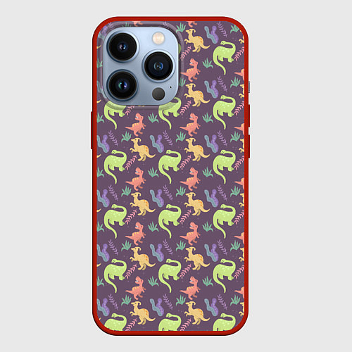 Чехол iPhone 13 Pro Динозавры паттерн / 3D-Красный – фото 1