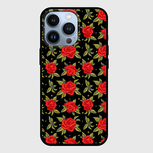 Чехол iPhone 13 Pro Красные розы паттерн / 3D-Черный – фото 1
