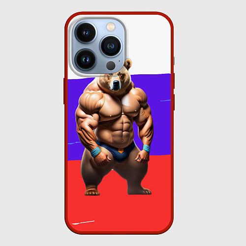 Чехол iPhone 13 Pro Накаченный медведь на Российском флаге / 3D-Красный – фото 1