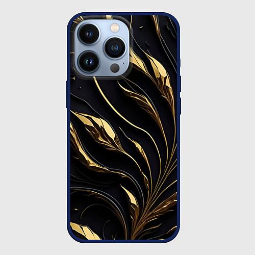Чехол iPhone 13 Pro Золотой орнамент на черном / 3D-Тёмно-синий – фото 1