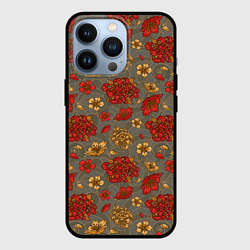 Чехол iPhone 13 Pro Японские цветы-пионы / 3D-Черный – фото 1