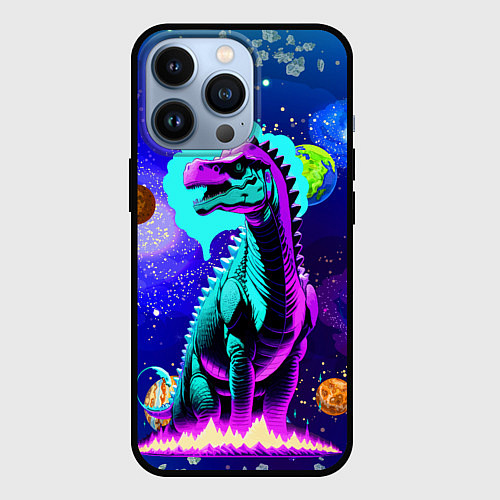 Чехол iPhone 13 Pro Динозавр в космосе - неоновое свечение / 3D-Черный – фото 1