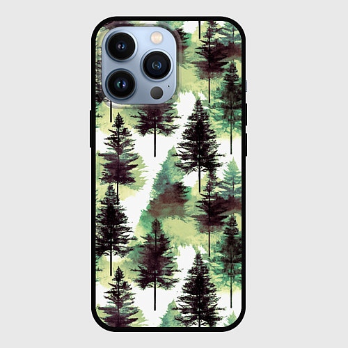 Чехол iPhone 13 Pro Хвойный лес - акварель в зеленых тонах / 3D-Черный – фото 1