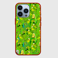 Чехол для iPhone 13 Pro Зеленые волнистые попугайчики, цвет: 3D-красный