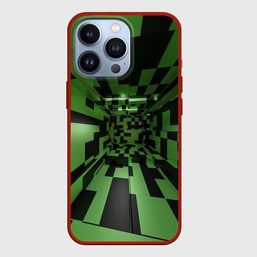 Чехол iPhone 13 Pro Чёрно-зелёный геометрический коридор / 3D-Красный – фото 1
