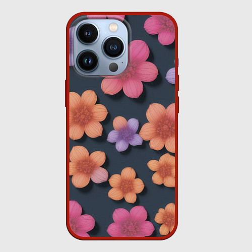 Чехол iPhone 13 Pro Разноцветные ромашки / 3D-Красный – фото 1