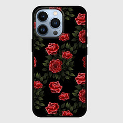 Чехол iPhone 13 Pro Красные розы на черном - паттерн