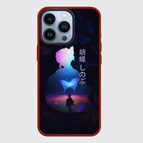 Чехол iPhone 13 Pro Силуэт Шинобу Кочо на поле и светящаяся бабочка / 3D-Красный – фото 1