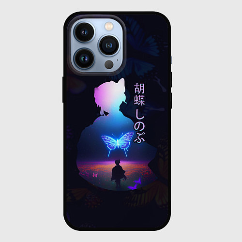 Чехол iPhone 13 Pro Силуэт Шинобу Кочо на поле и светящаяся бабочка / 3D-Черный – фото 1