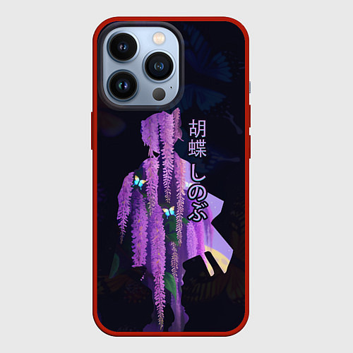 Чехол iPhone 13 Pro Силуэт Шинобу Кочо, бабочки и цветущая глициния / 3D-Красный – фото 1