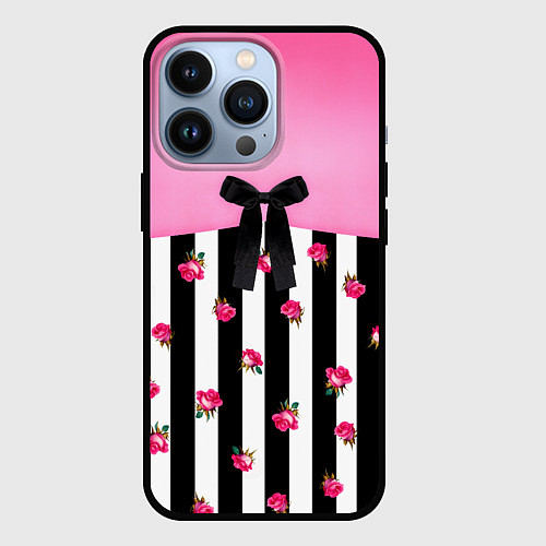 Чехол iPhone 13 Pro Костюм Барби: полоска с розами / 3D-Черный – фото 1