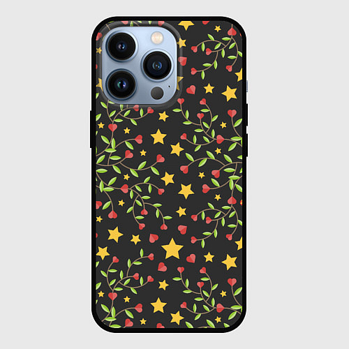 Чехол iPhone 13 Pro Листочки и звёзды / 3D-Черный – фото 1