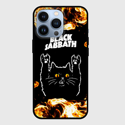 Чехол iPhone 13 Pro Black Sabbath рок кот и огонь / 3D-Черный – фото 1