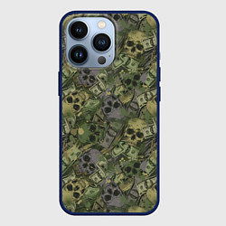 Чехол для iPhone 13 Pro Камуфляж с черепами и долларами, цвет: 3D-тёмно-синий