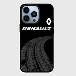 Чехол iPhone 13 Pro Renault speed на темном фоне со следами шин: симво