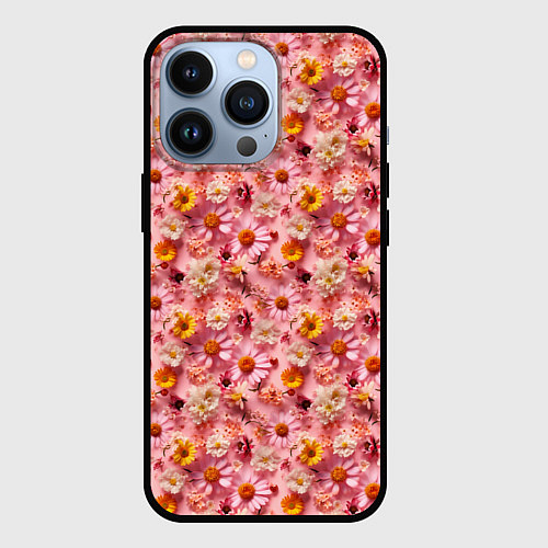 Чехол iPhone 13 Pro Желтые белые и розовые цветы / 3D-Черный – фото 1