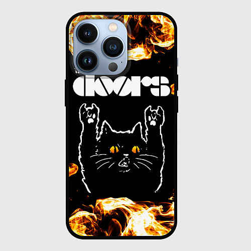 Чехол iPhone 13 Pro The Doors рок кот и огонь / 3D-Черный – фото 1