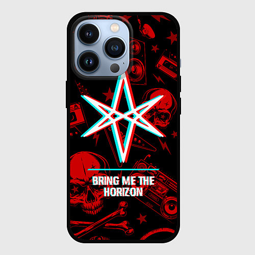 Чехол iPhone 13 Pro Bring Me the Horizon rock glitch / 3D-Черный – фото 1