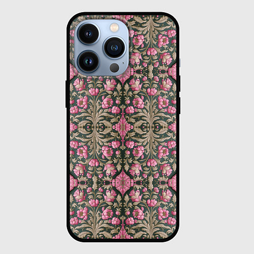 Чехол iPhone 13 Pro Серо-розовый средневековый паттерн / 3D-Черный – фото 1
