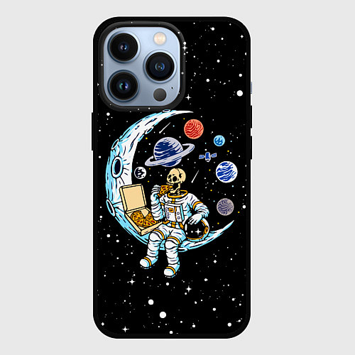 Чехол iPhone 13 Pro Skeleton astronaut eats pizza while sitting on the / 3D-Черный – фото 1