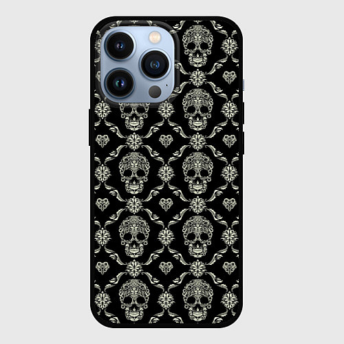 Чехол iPhone 13 Pro Узор с черепами Pattern with skulls / 3D-Черный – фото 1