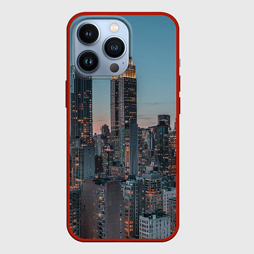 Чехол iPhone 13 Pro Утренний город с небоскребами / 3D-Красный – фото 1