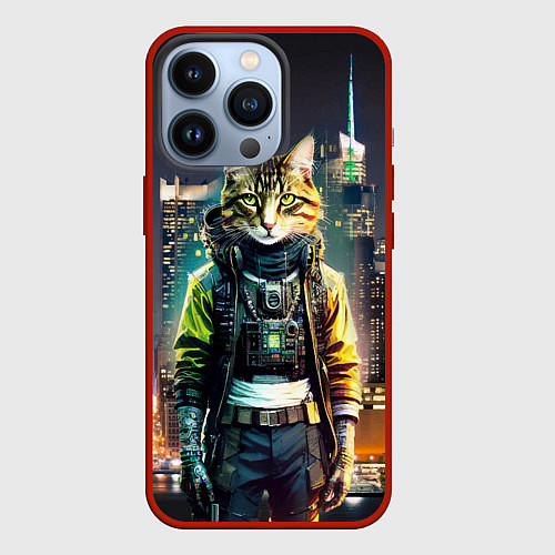 Чехол iPhone 13 Pro Cool cat in New York city at night / 3D-Красный – фото 1