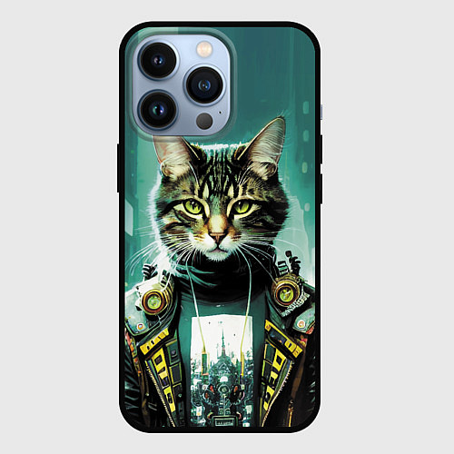 Чехол iPhone 13 Pro Funny cat on the background of skyscrapers / 3D-Черный – фото 1