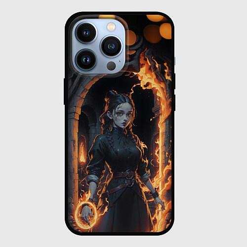 Чехол iPhone 13 Pro Готическая девушка с двумя косами огненная магия / 3D-Черный – фото 1