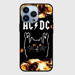 Чехол для iPhone 13 Pro AC DC рок кот и огонь, цвет: 3D-черный