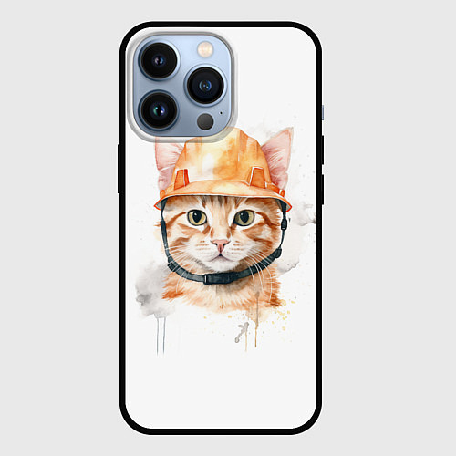 Чехол iPhone 13 Pro Акварельный кот в строительной каске / 3D-Черный – фото 1