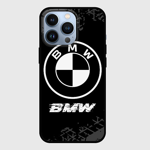 Чехол iPhone 13 Pro BMW speed на темном фоне со следами шин / 3D-Черный – фото 1