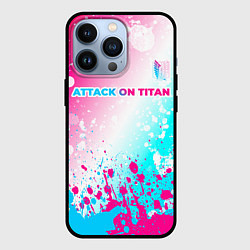 Чехол для iPhone 13 Pro Attack on Titan neon gradient style: символ сверху, цвет: 3D-черный