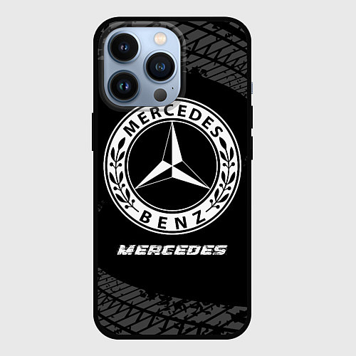 Чехол iPhone 13 Pro Mercedes speed на темном фоне со следами шин / 3D-Черный – фото 1