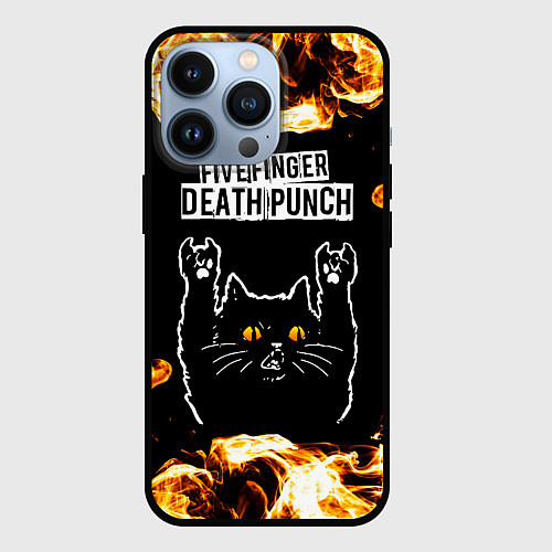 Чехол iPhone 13 Pro Five Finger Death Punch рок кот и огонь / 3D-Черный – фото 1