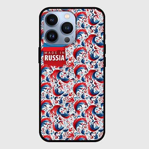 Чехол iPhone 13 Pro Флаг России и русские узоры / 3D-Черный – фото 1