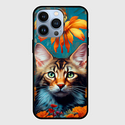 Чехол iPhone 13 Pro Дикая кошка в цветах