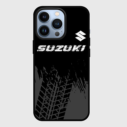 Чехол iPhone 13 Pro Suzuki speed на темном фоне со следами шин: символ / 3D-Черный – фото 1