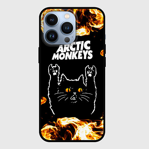 Чехол iPhone 13 Pro Arctic Monkeys рок кот и огонь / 3D-Черный – фото 1