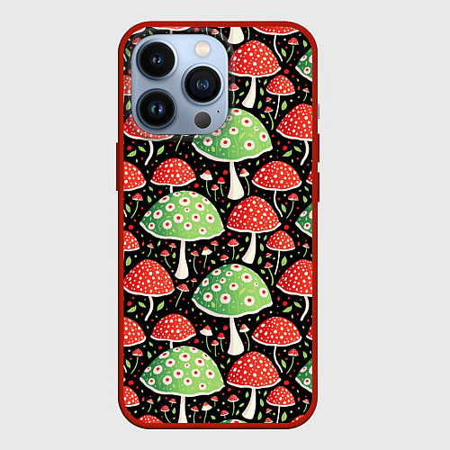 Чехол iPhone 13 Pro Веселые мухоморчики / 3D-Красный – фото 1