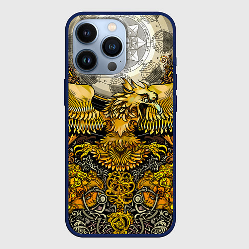 Чехол iPhone 13 Pro Золотой орёл - славянский орнамент / 3D-Тёмно-синий – фото 1