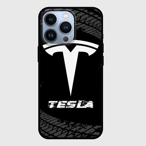 Чехол iPhone 13 Pro Tesla speed на темном фоне со следами шин / 3D-Черный – фото 1