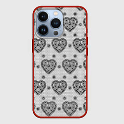Чехол для iPhone 13 Pro Черное кружево с сердцами, цвет: 3D-красный