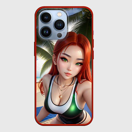 Чехол iPhone 13 Pro Девушка с рыжими волосами на пляже / 3D-Красный – фото 1